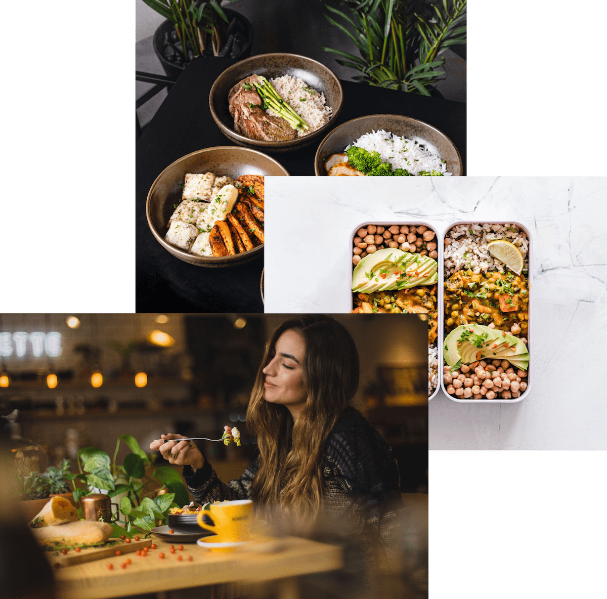 Woman enjoying food, meals in storage container, food bowls on a table